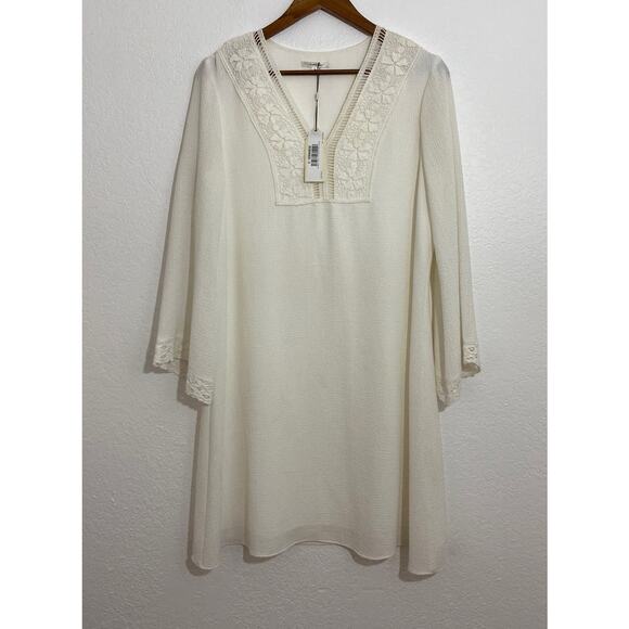 NWT Sophie Max Size Medium Cream Shift Dress Lace Neckline Bell Sleeves Beachy - Picture 1 of 9